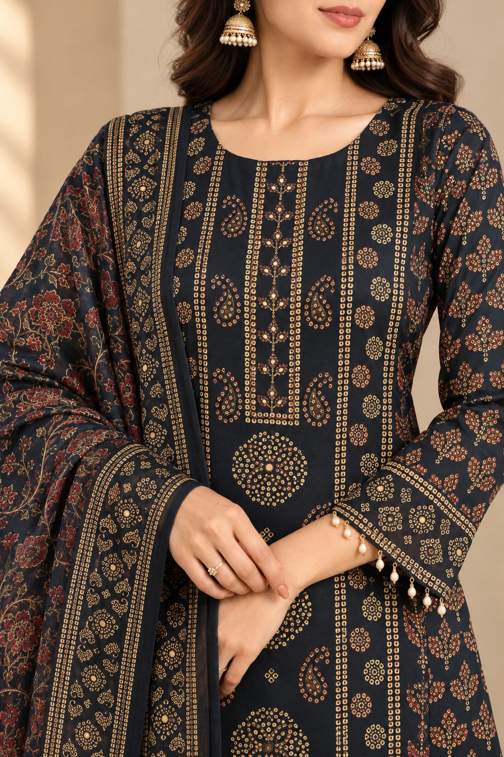 Women Navy Blue & Gold Ethnic Printed Kurta with Trousers & Printed Dupatta Set (3-Piece Set)