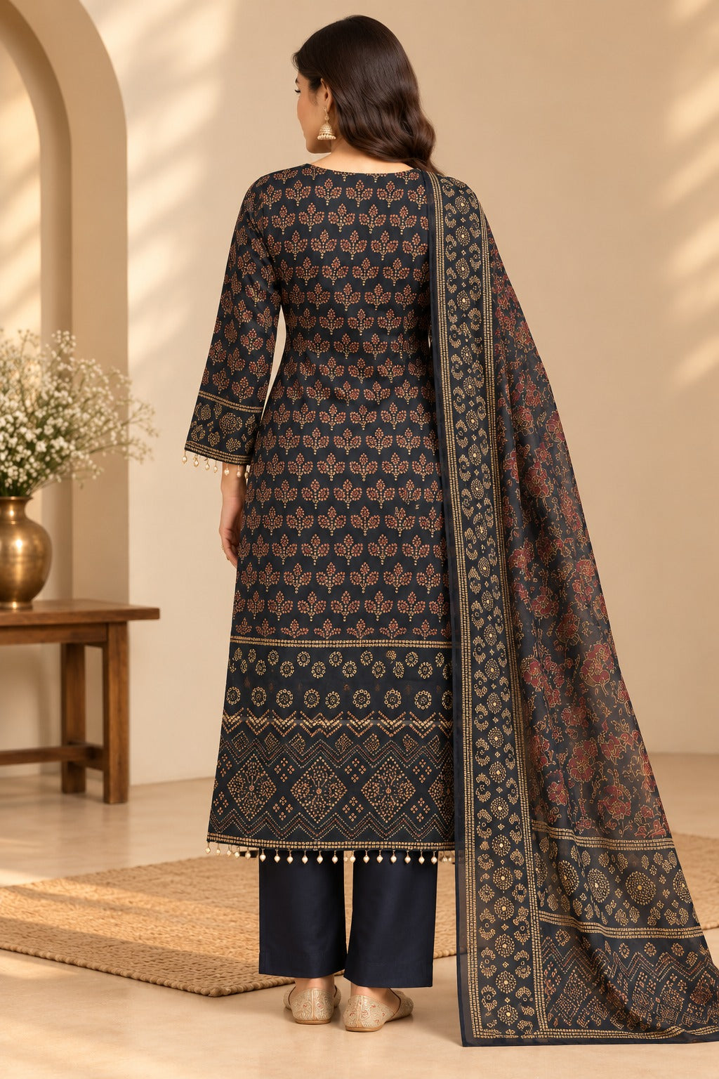 Women Navy Blue & Gold Ethnic Printed Kurta with Trousers & Printed Dupatta Set (3-Piece Set)