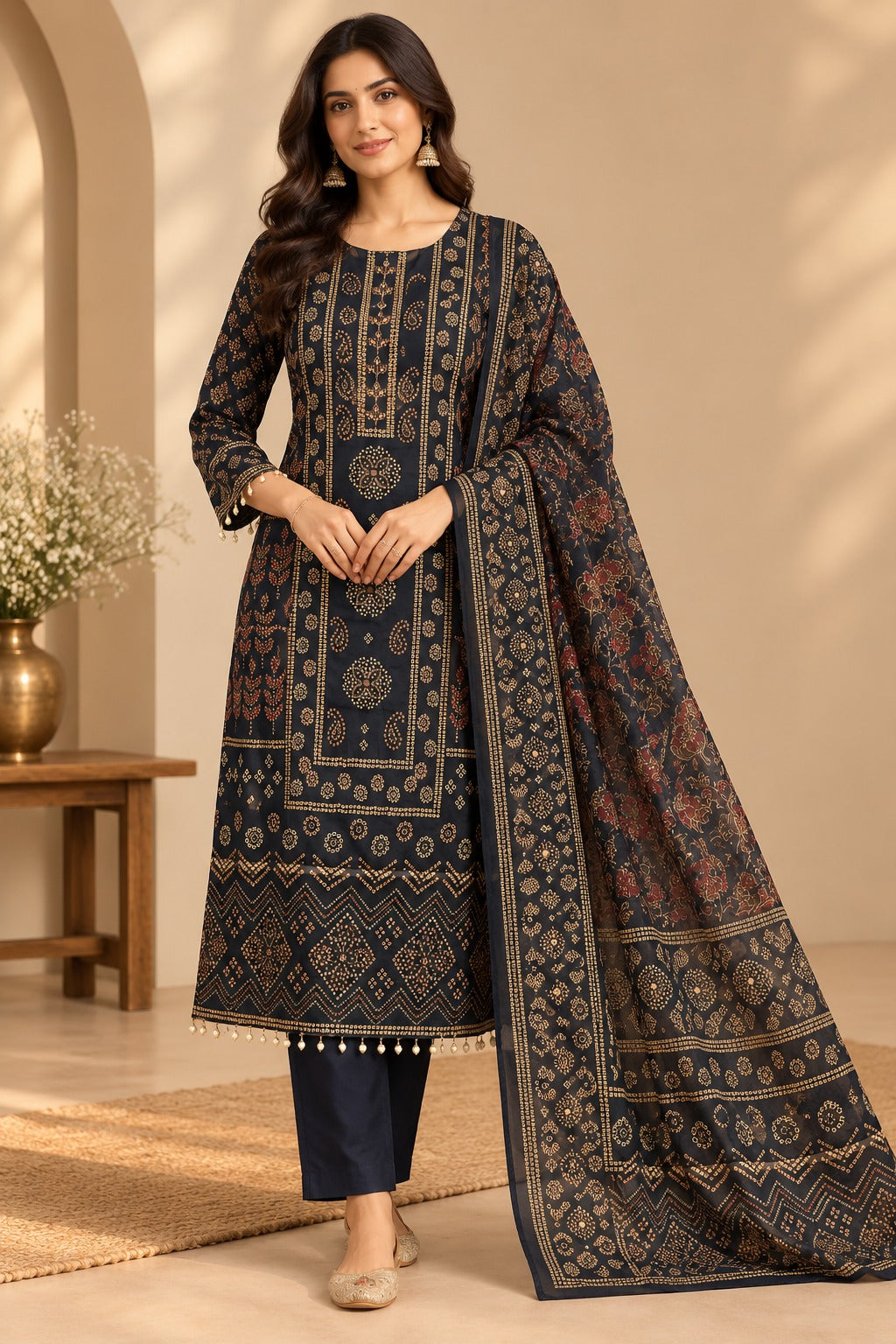 Women Navy Blue & Gold Ethnic Printed Kurta with Trousers & Printed Dupatta Set (3-Piece Set)