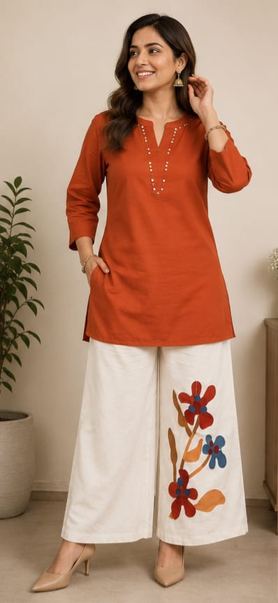 Women’s Rust Orange Embroidered Kurta with White Floral Printed Palazzo Set