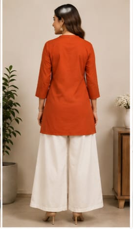 Women’s Rust Orange Embroidered Kurta with White Floral Printed Palazzo Set