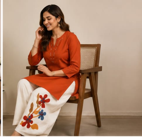 Women’s Rust Orange Embroidered Kurta with White Floral Printed Palazzo Set