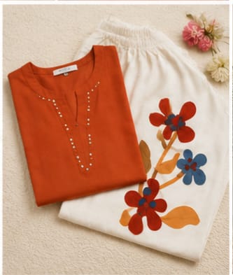Women’s Rust Orange Embroidered Kurta with White Floral Printed Palazzo Set