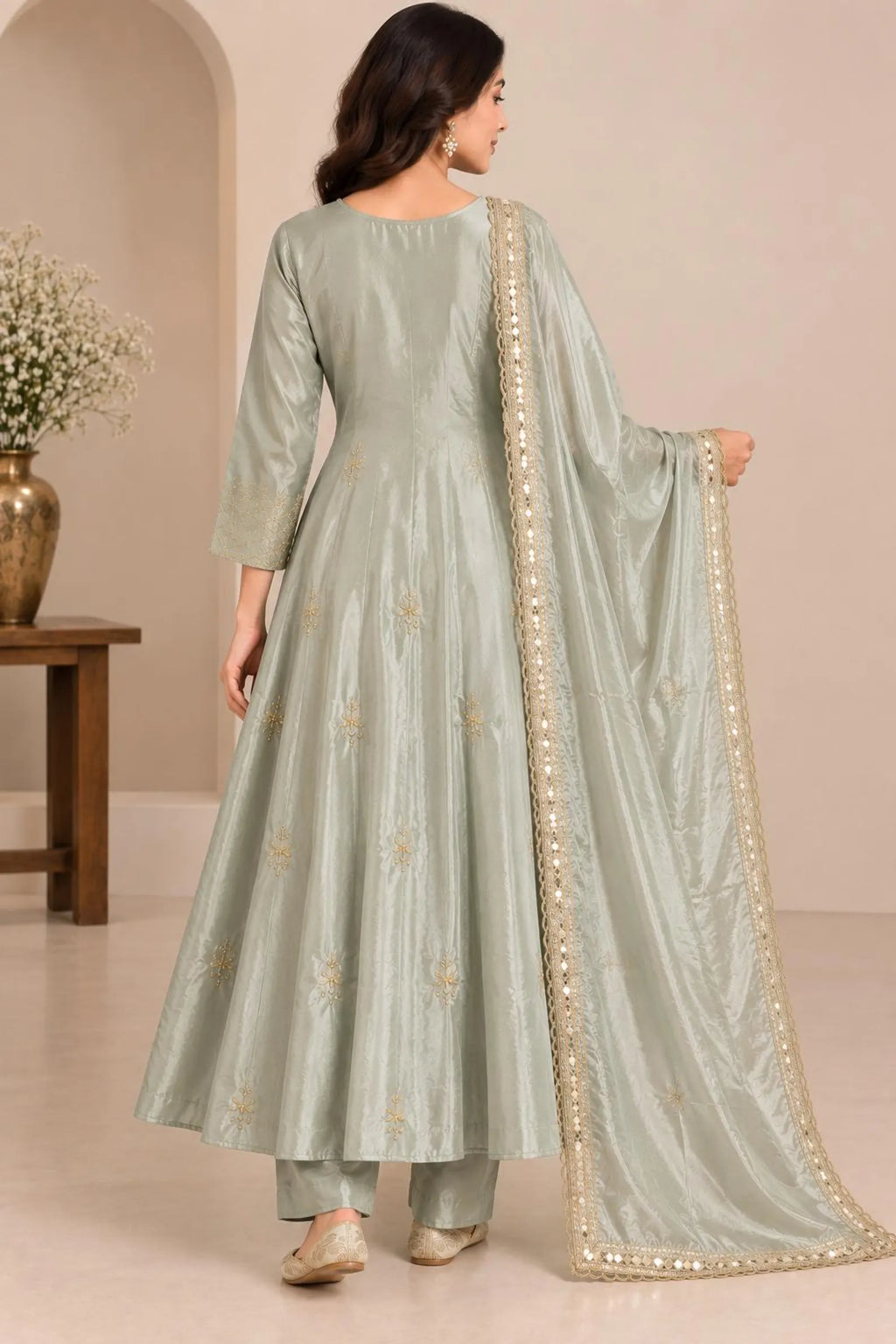 Women Sage Green Embroidered Anarkali Kurta Set with Dupatta