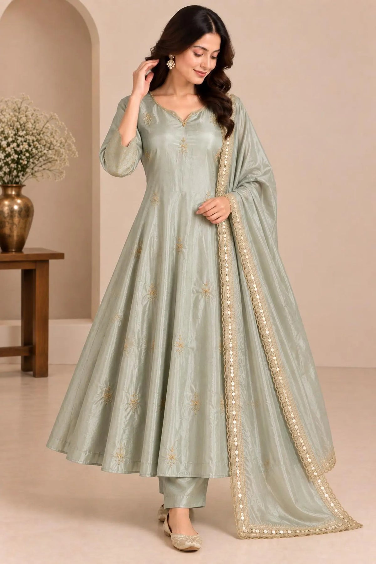 Women Sage Green Embroidered Anarkali Kurta Set with Dupatta