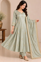 Women Sage Green Embroidered Anarkali Kurta Set with Dupatta