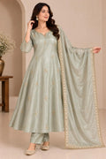 Women Sage Green Embroidered Anarkali Kurta Set with Dupatta