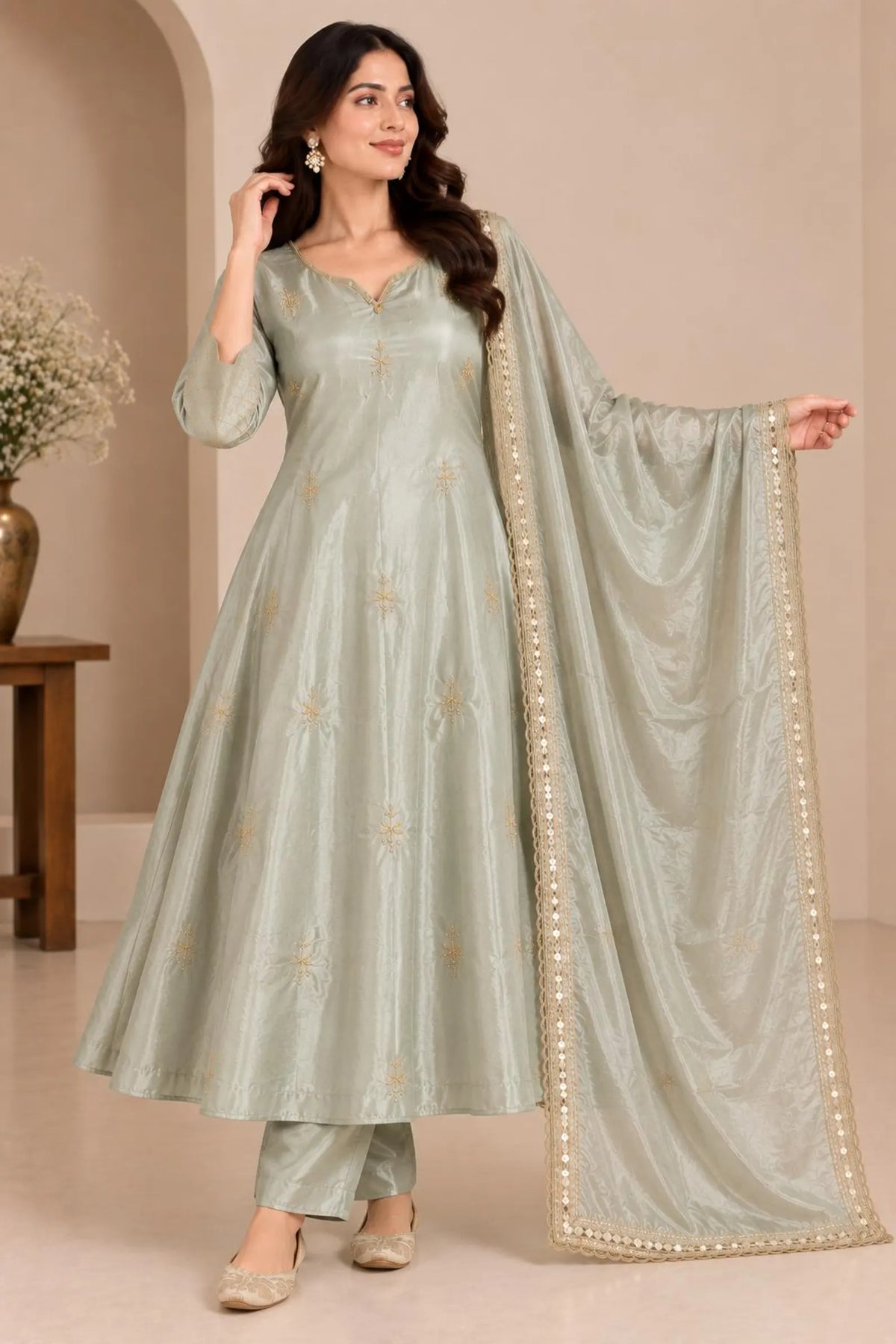 Women Sage Green Embroidered Anarkali Kurta Set with Dupatta