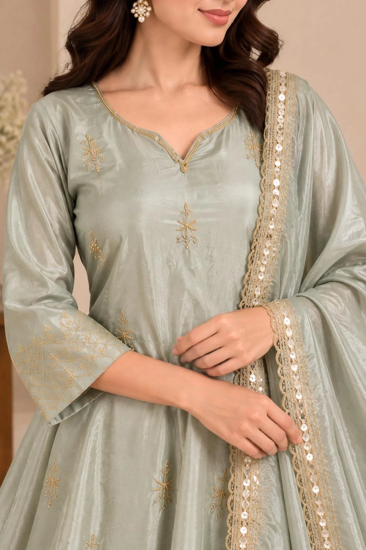 Women Sage Green Embroidered Anarkali Kurta Set with Dupatta